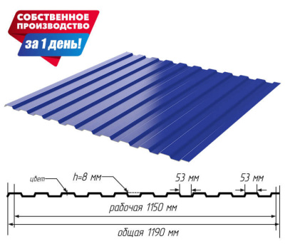 Профнастил (профлист) С-8 RAL5002 Синий Ультрамарин 0.40мм эконом ширина 1.19(1,15)м с размерами профиля